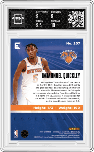 Immanuel Quickley from the 2020-21 Panini Chronicles set featuring a Blue parallel graded by Arena Club and given an overall grade of 9.5.