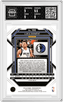 Luka Doncic from the 2022-23 Panini Prizm  set featuring a Pink Ice parallel graded by Arena Club and given an overall grade of 9.
