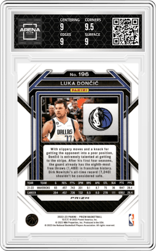 Luka Doncic from the 2022-23 Panini Prizm  set featuring a Pink Ice parallel graded by Arena Club and given an overall grade of 9.