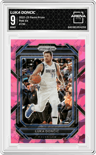 Luka Doncic from the 2022-23 Panini Prizm  set featuring a Pink Ice parallel graded by Arena Club and given an overall grade of 9.