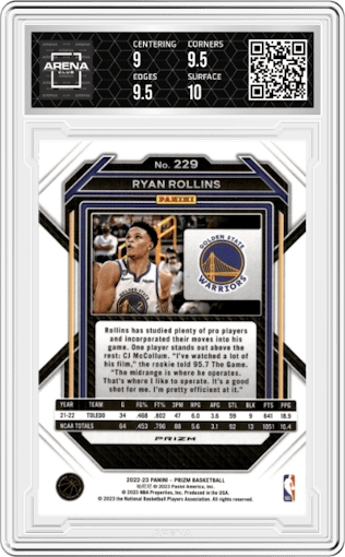 Ryan Rollins from the 2022-23 Panini Prizm  set featuring a Pink Ice parallel graded by Arena Club and given an overall grade of 9.5.
