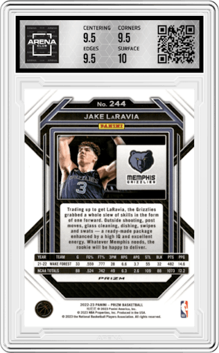 Jake Laravia from the 2022-23 Panini Prizm  set featuring a Silver Prizm parallel graded by Arena Club and given an overall grade of 10.
