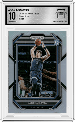 Jake Laravia from the 2022-23 Panini Prizm  set featuring a Silver Prizm parallel graded by Arena Club and given an overall grade of 10.