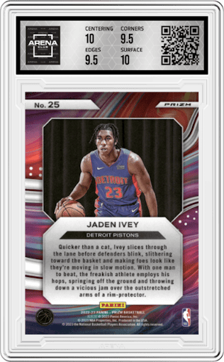 Jaden Ivey from the 2022-23 Panini Prizm  set featuring a Green Prizm parallel graded by Arena Club and given an overall grade of 10.