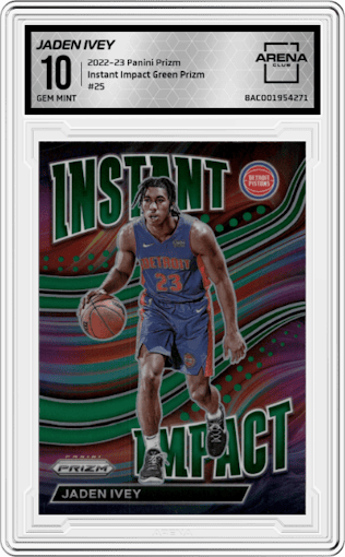 Jaden Ivey from the 2022-23 Panini Prizm  set featuring a Green Prizm parallel graded by Arena Club and given an overall grade of 10.