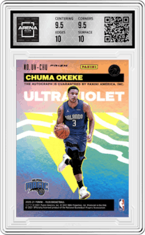 Chuma Okeke from the 2020-21 Panini Flux set featuring a Silver parallel graded by Arena Club and given an overall grade of 10.