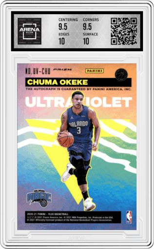 Chuma Okeke from the 2020-21 Panini Flux set featuring a Silver parallel graded by Arena Club and given an overall grade of 10.