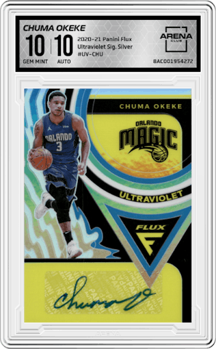Chuma Okeke from the 2020-21 Panini Flux set featuring a Silver parallel graded by Arena Club and given an overall grade of 10.