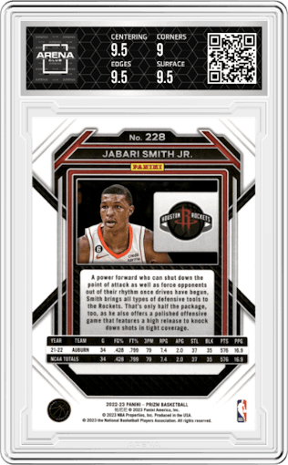 Jabari Smith Jr. from the 2022-23 Panini Prizm  set graded by Arena Club and given an overall grade of 9.5.