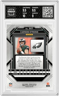 Carson Strong from the 2022 Panini Prizm set graded by Arena Club and given an overall grade of 9.5.