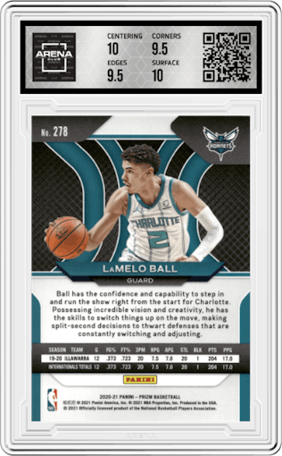 LaMelo Ball from the 2020-21 Panini Prizm set graded by Arena Club and given an overall grade of 10.