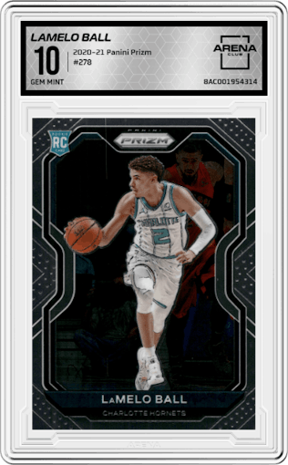 LaMelo Ball from the 2020-21 Panini Prizm set graded by Arena Club and given an overall grade of 10.