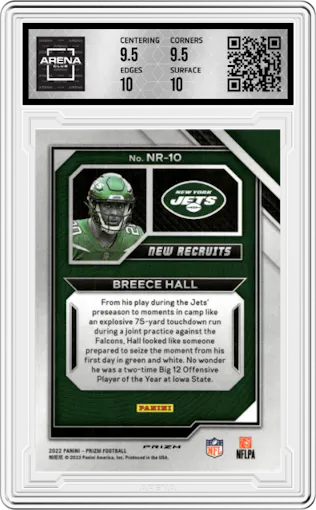 Breece Hall from the 2022 Panini Prizm set featuring a Silver Prizm parallel graded by Arena Club and given an overall grade of 10.