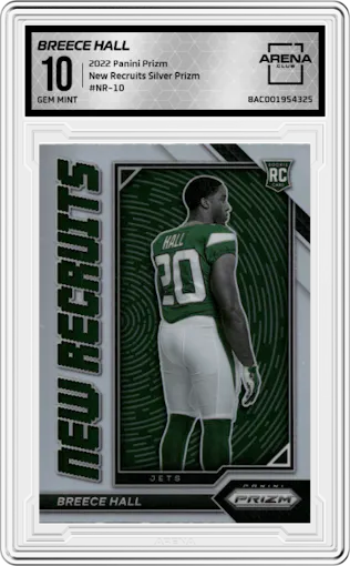Breece Hall from the 2022 Panini Prizm set featuring a Silver Prizm parallel graded by Arena Club and given an overall grade of 10.