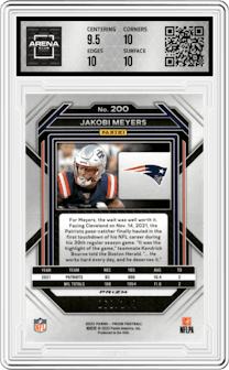 Jakobi Meyers from the 2022 Panini Prizm set featuring a Red Wave parallel graded by Arena Club and given an overall grade of 10.