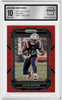Jakobi Meyers from the 2022 Panini Prizm set featuring a Red Wave parallel graded by Arena Club and given an overall grade of 10.