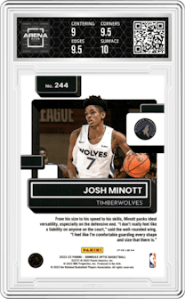 Josh Minott from the 2022-23 Panini Donruss Optic  set featuring a Holo parallel graded by Arena Club and given an overall grade of 9.5.