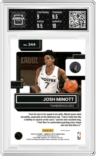 Josh Minott from the 2022-23 Panini Donruss Optic  set featuring a Holo parallel graded by Arena Club and given an overall grade of 9.5.