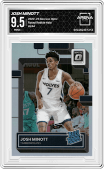 Josh Minott from the 2022-23 Panini Donruss Optic  set featuring a Holo parallel graded by Arena Club and given an overall grade of 9.5.