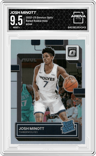 Josh Minott from the 2022-23 Panini Donruss Optic  set featuring a Holo parallel graded by Arena Club and given an overall grade of 9.5.