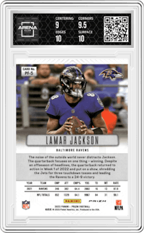 Lamar Jackson from the 2022 Panini Prizm set featuring a Silver Prizm parallel graded by Arena Club and given an overall grade of 9.5.
