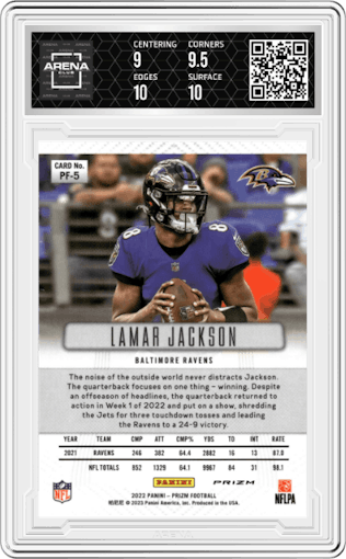 Lamar Jackson from the 2022 Panini Prizm set featuring a Silver Prizm parallel graded by Arena Club and given an overall grade of 9.5.