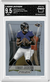 Lamar Jackson from the 2022 Panini Prizm set featuring a Silver Prizm parallel graded by Arena Club and given an overall grade of 9.5.