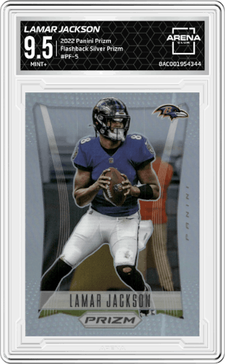 Lamar Jackson from the 2022 Panini Prizm set featuring a Silver Prizm parallel graded by Arena Club and given an overall grade of 9.5.