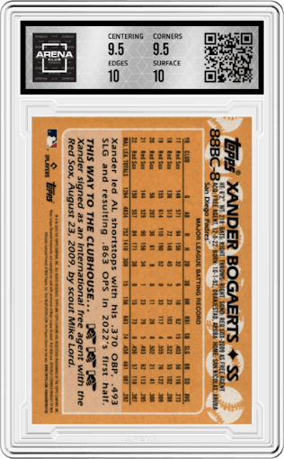 Xander Bogaerts from the 2023 Topps Chrome set graded by Arena Club and given an overall grade of 10.