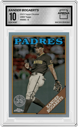 Xander Bogaerts from the 2023 Topps Chrome set graded by Arena Club and given an overall grade of 10.
