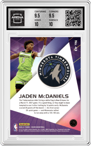 Jaden McDaniels from the 2020-21 Panini Recon set featuring a Pink Holo parallel graded by Arena Club and given an overall grade of 10.