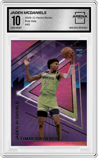 Jaden McDaniels from the 2020-21 Panini Recon set featuring a Pink Holo parallel graded by Arena Club and given an overall grade of 10.