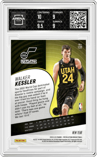 Walker Kessler from the 2022-23 Panini Revolution  set featuring a Chinese New Year parallel graded by Arena Club and given an overall grade of 9.5.