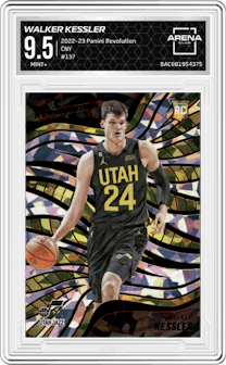 Walker Kessler from the 2022-23 Panini Revolution  set featuring a Chinese New Year parallel graded by Arena Club and given an overall grade of 9.5.