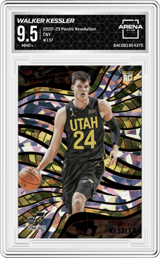 Walker Kessler from the 2022-23 Panini Revolution  set featuring a Chinese New Year parallel graded by Arena Club and given an overall grade of 9.5.