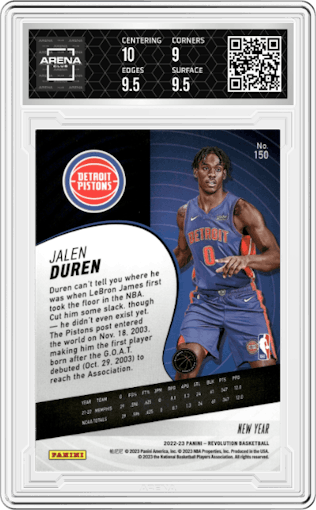 Jalen Duren from the 2022-23 Panini Revolution  set featuring a Chinese New Year parallel graded by Arena Club and given an overall grade of 9.5.