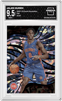 Jalen Duren from the 2022-23 Panini Revolution  set featuring a Chinese New Year parallel graded by Arena Club and given an overall grade of 9.5.
