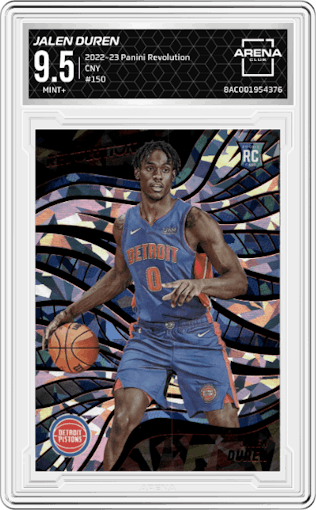 Jalen Duren from the 2022-23 Panini Revolution  set featuring a Chinese New Year parallel graded by Arena Club and given an overall grade of 9.5.