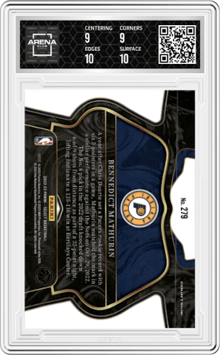 Bennedict Mathurin from the 2022-23 Panini Select set graded by Arena Club and given an overall grade of 9.5.