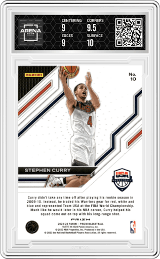 Stephen Curry from the 2022-23 Panini Prizm  set featuring a Silver Prizm parallel graded by Arena Club and given an overall grade of 9.5.