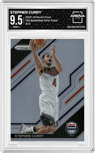 Stephen Curry from the 2022-23 Panini Prizm  set featuring a Silver Prizm parallel graded by Arena Club and given an overall grade of 9.5.