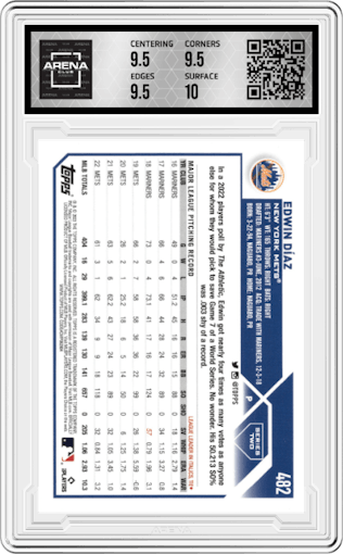 Edwin Diaz from the 2023 Topps Series 2 set featuring a Gold Foil parallel graded by Arena Club and given an overall grade of 10.