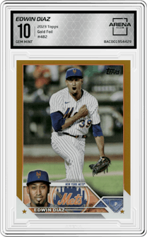 Edwin Diaz from the 2023 Topps Series 2 set featuring a Gold Foil parallel graded by Arena Club and given an overall grade of 10.