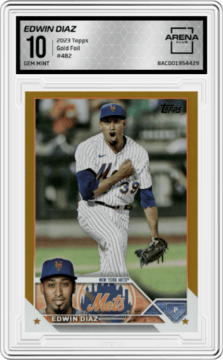 Edwin Diaz from the 2023 Topps Series 2 set featuring a Gold Foil parallel graded by Arena Club and given an overall grade of 10.