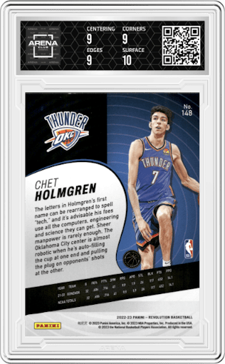 Chet Holmgren from the 2022-23 Panini Revolution  set graded by Arena Club and given an overall grade of 9.5.