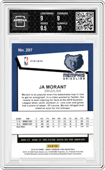 Ja Morant from the 2019-20 Panini Hoops Premium Stock set featuring a Red Cracked Ice parallel graded by Arena Club and given an overall grade of 9.5.