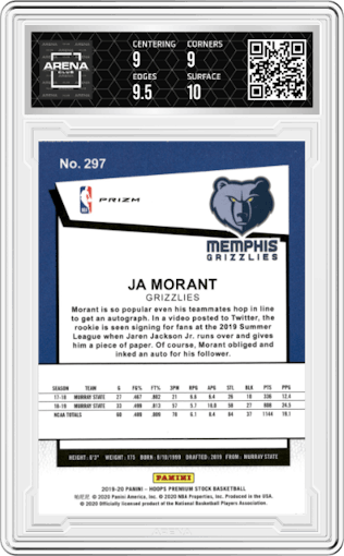 Ja Morant from the 2019-20 Panini Hoops Premium Stock set featuring a Red Cracked Ice parallel graded by Arena Club and given an overall grade of 9.5.