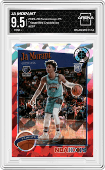 Ja Morant from the 2019-20 Panini Hoops Premium Stock set featuring a Red Cracked Ice parallel graded by Arena Club and given an overall grade of 9.5.