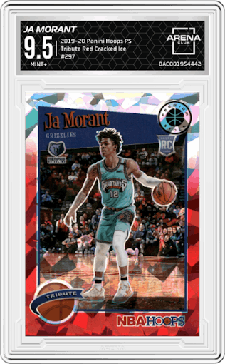 Ja Morant from the 2019-20 Panini Hoops Premium Stock set featuring a Red Cracked Ice parallel graded by Arena Club and given an overall grade of 9.5.