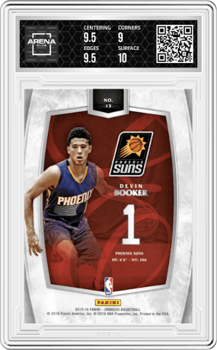 Devin Booker from the 2015-16 Panini Donruss Basketball set graded by Arena Club and given an overall grade of 9.5.